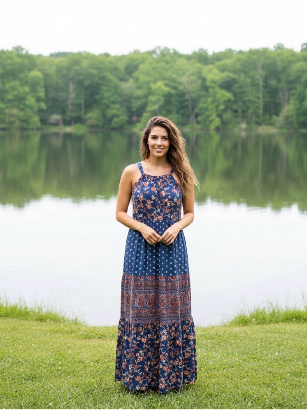 Boho Floral Navy Maxi Dress size M 8/10